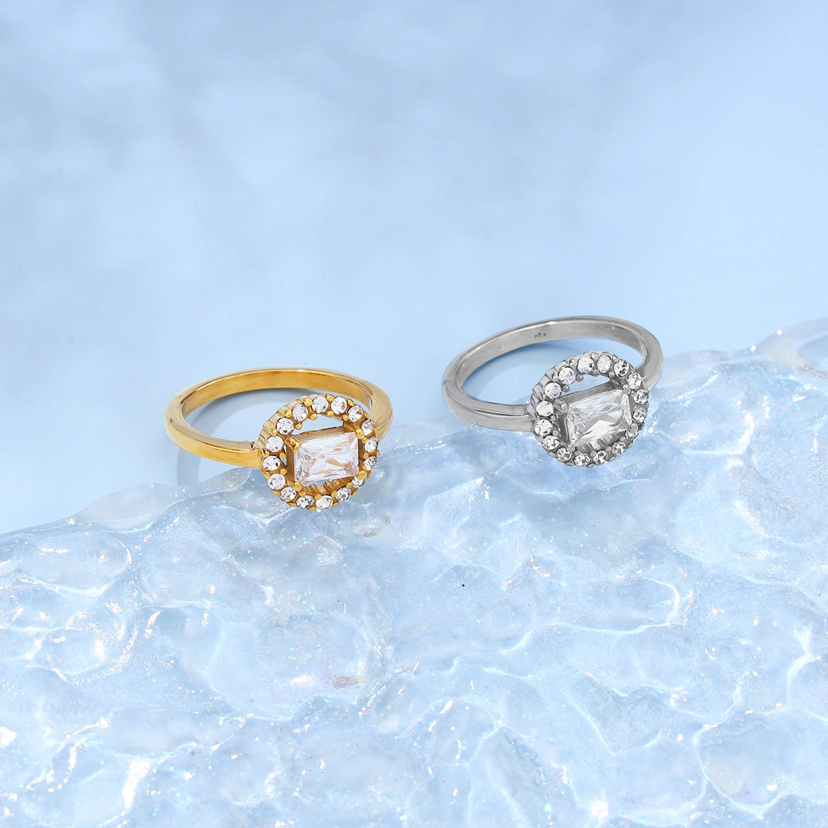 Rectangular White Zircon Halo Ring