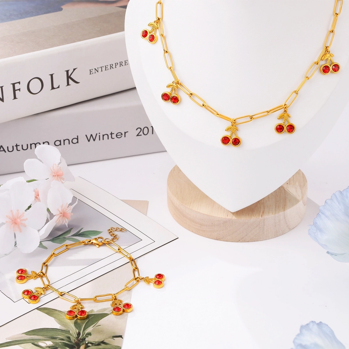 Red Zircon Cherry Charm Oval Chain Bracelet