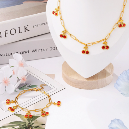 Red Zircon Cherry Charm Oval Chain Bracelet