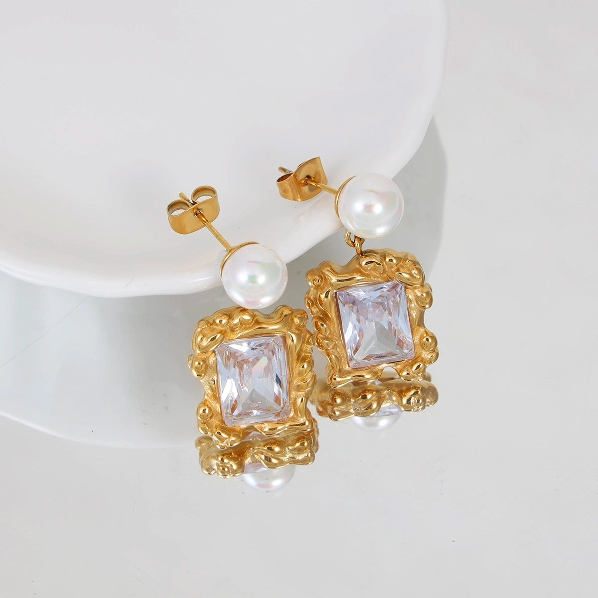 Pearl Drop Square Zirconia Earrings