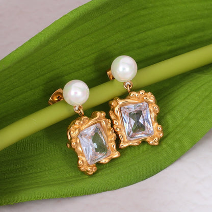 Pearl Drop Square Zirconia Earrings