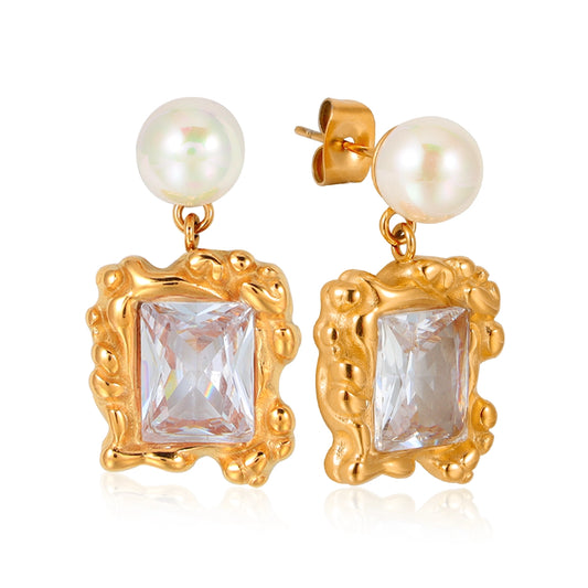 Pearl Drop Square Zirconia Earrings