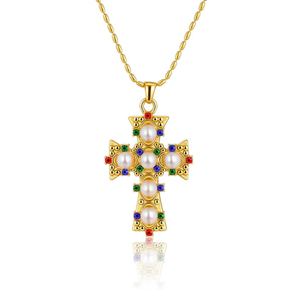 Cross Pearl Gemstone Pendant Necklace