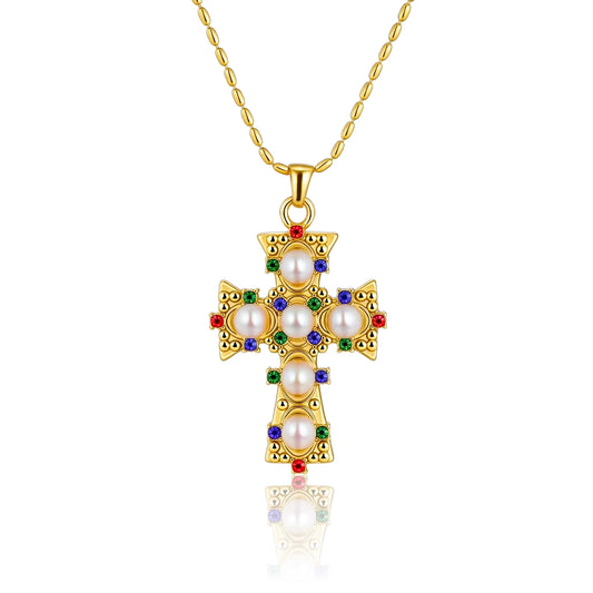 Cross Pearl Gemstone Pendant Necklace