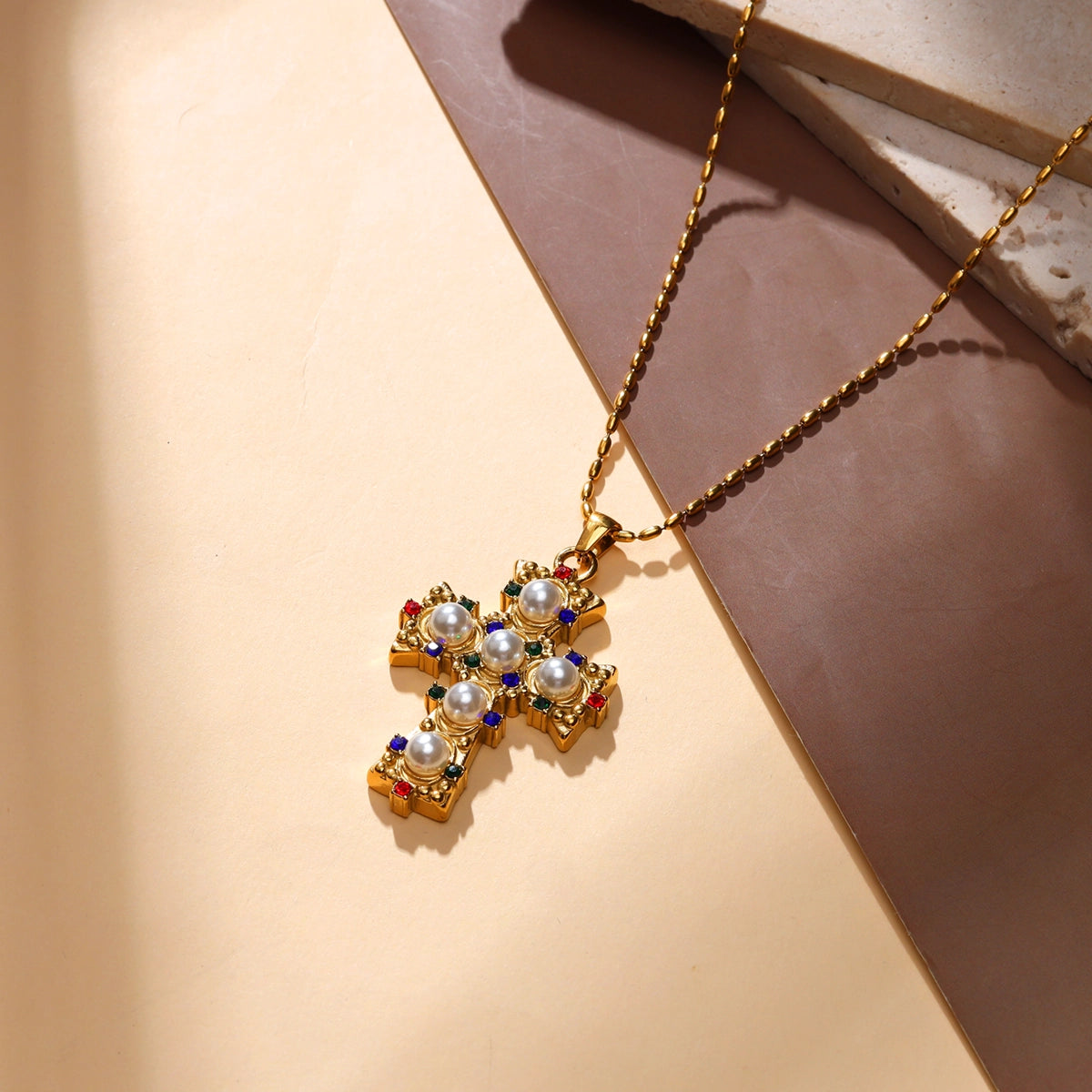 Cross Pearl Gemstone Pendant Necklace