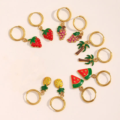 Enamel Grape Pendant Hoop Earrings